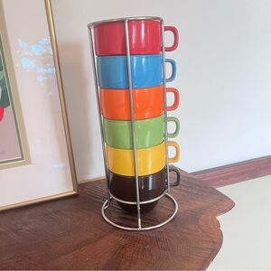 Vintage World Market Colorful Stacking Coffee Mugs Set and Holder